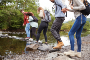 A group walk on stepping stones over a river