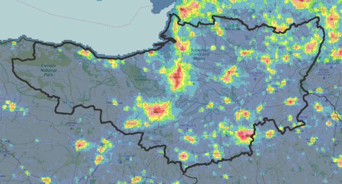 A map of light pollution in somerset