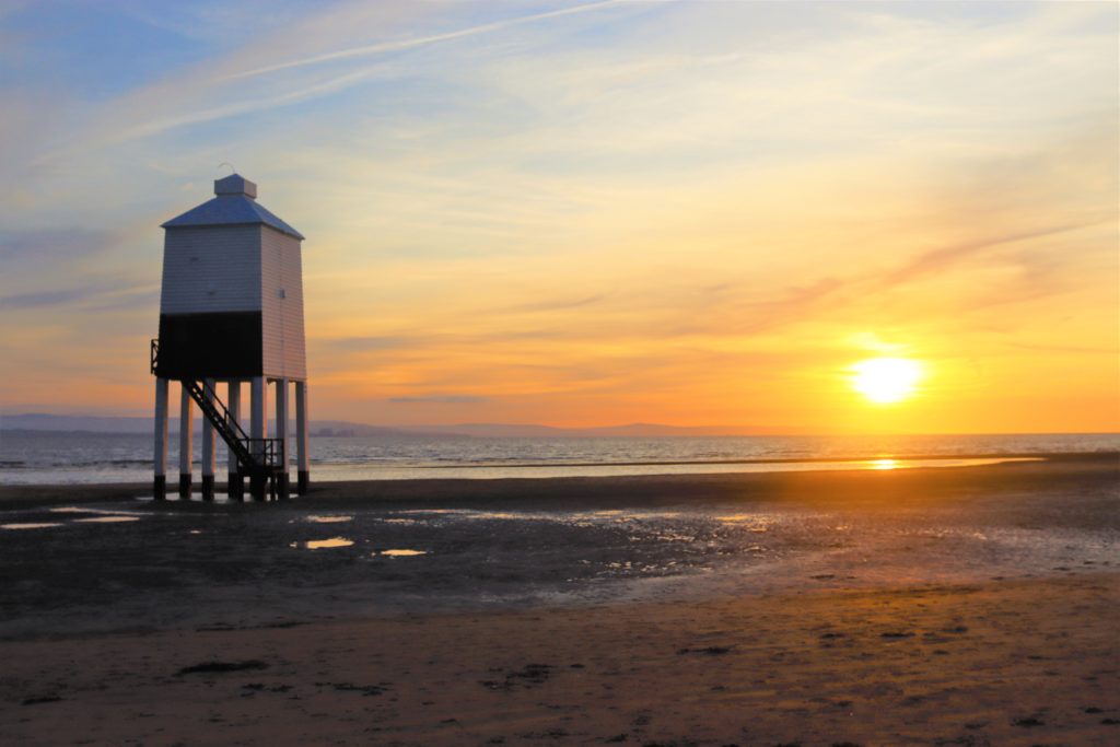 Burnham-on-Sea wooden lighthouse and a sunset on the beach