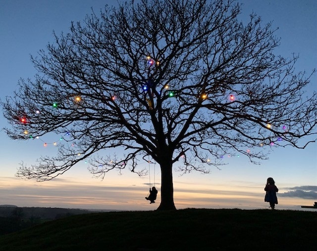 A child plays on a swing hung from a tree with string lights in it