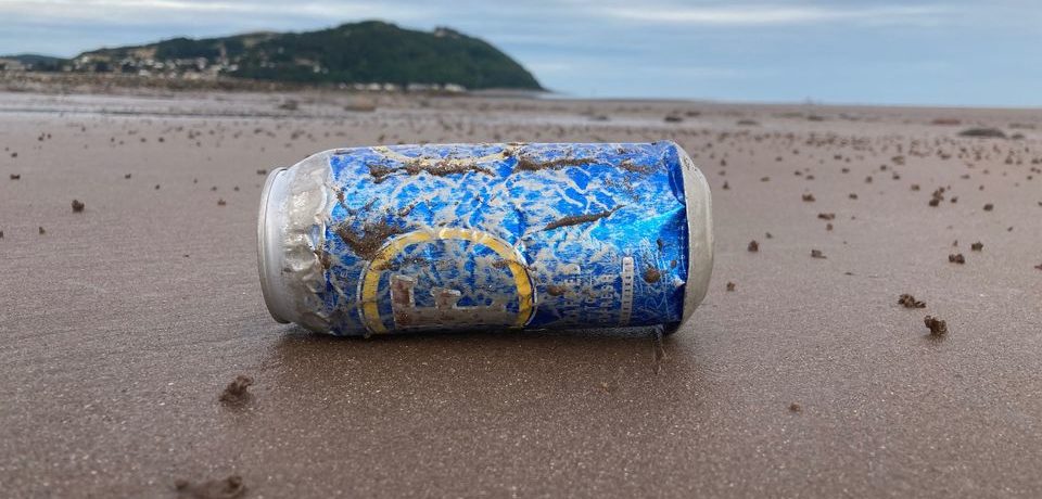 A rusty beer can sits in front of the beach landscape