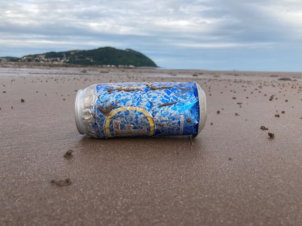 A rusty beer can sits in front of the beach landscape