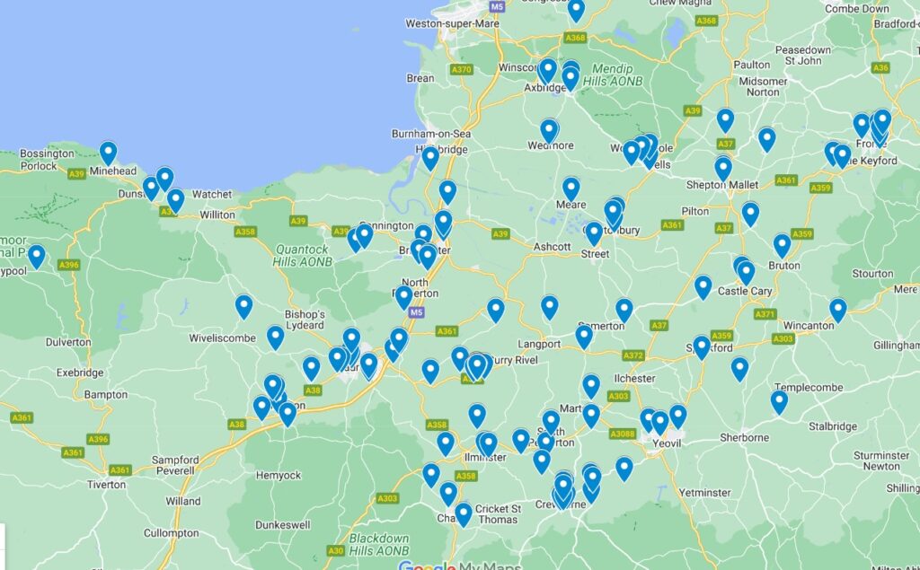 map of Somerset with blue markers