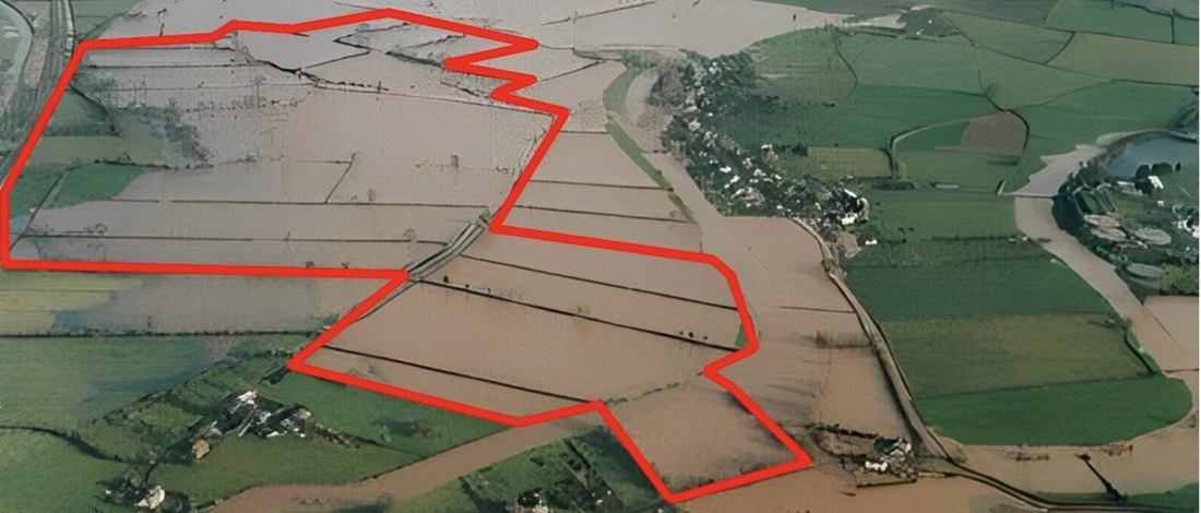 flooded land with boundary of proposed solar farm shown in red
