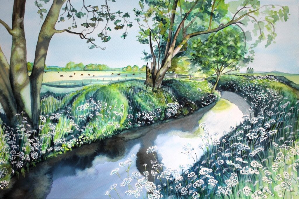 river in springtime - watercolour painting