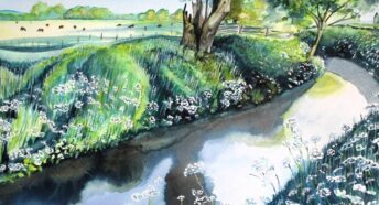 watercolour painting of river in spring