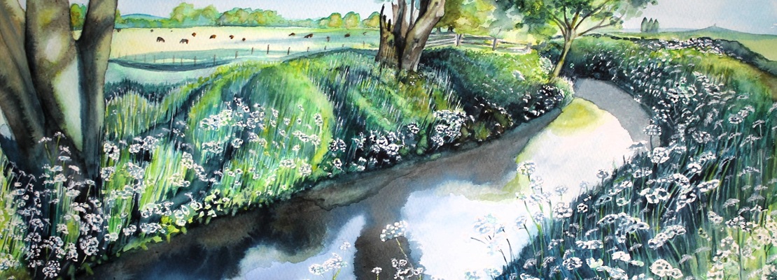 watercolour painting of river in spring