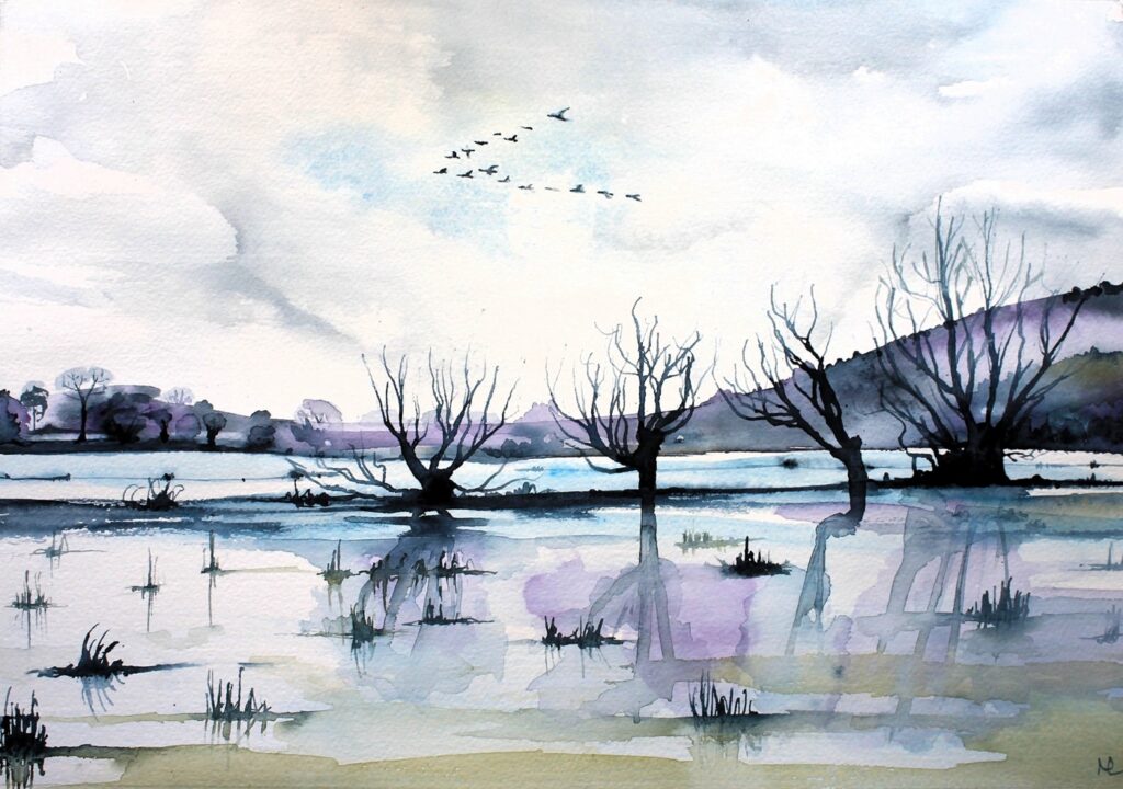 watercolour paiting of flooded fields in winter